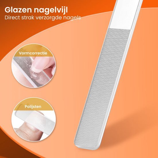 Glazen nagelvijl op oranje achtergrond met gebruiksinstructies voor vormcorrectie en polijsten