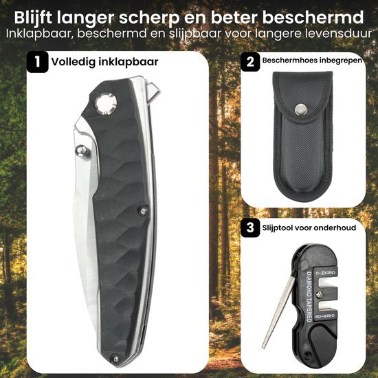 Opgevouwen zakmes met beschermhoes en slijptool voor onderhoud en langere levensduur