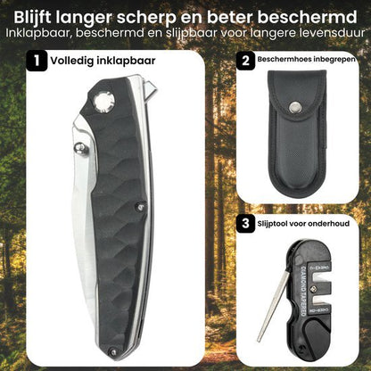 Opgevouwen zakmes met beschermhoes en slijptool voor onderhoud en langere levensduur