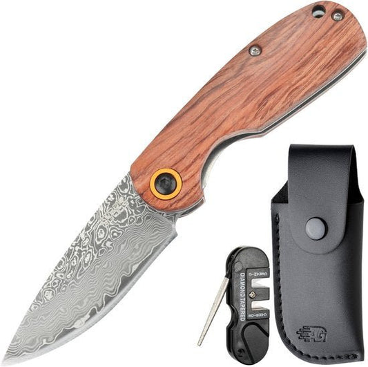 Opvouwbaar mes met houten handvat, damaststalen lemmet en zwarte lederen hoes