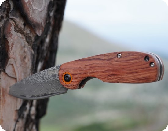 Vouwmes met een lemmet van damaststaal en een handgreep van hout tegen een boom geplaatst