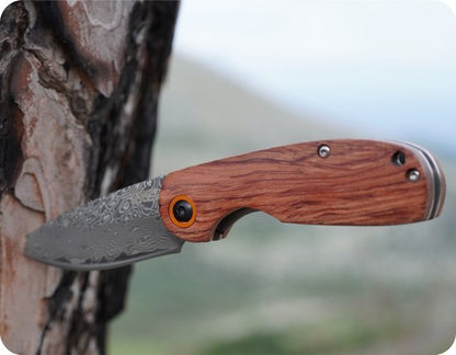 Vouwmes met een lemmet van damaststaal en een handgreep van hout tegen een boom geplaatst