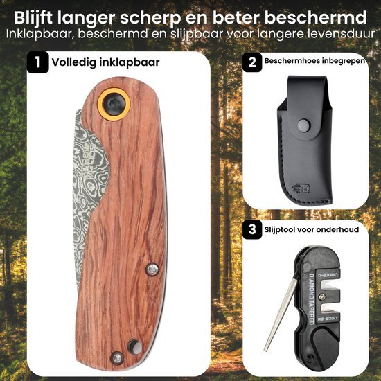Inklapbaar mes met houten handvat, beschermhoes en slijptool voor onderhoud