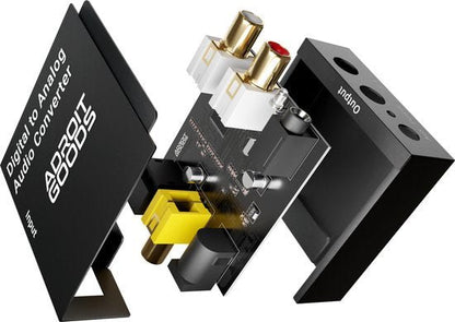 exploded view van een digitale naar analoge audio converter met aangesloten kabelpoorten en behuizing