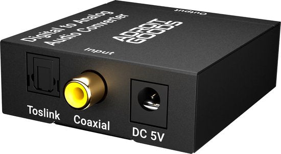 zwarte digitale audio converter met Toslink, coaxiale en DC 5V aansluitingen