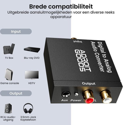 zwart digitaal naar analoog audioconvertor apparaat met verschillende aansluitingen en labels