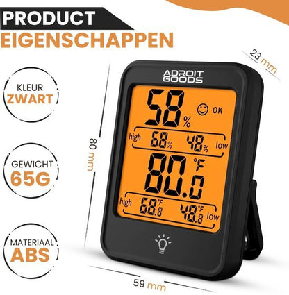 zwarte digitale vochtigheids- en temperatuurmeter van AdroitGoods met oranje display