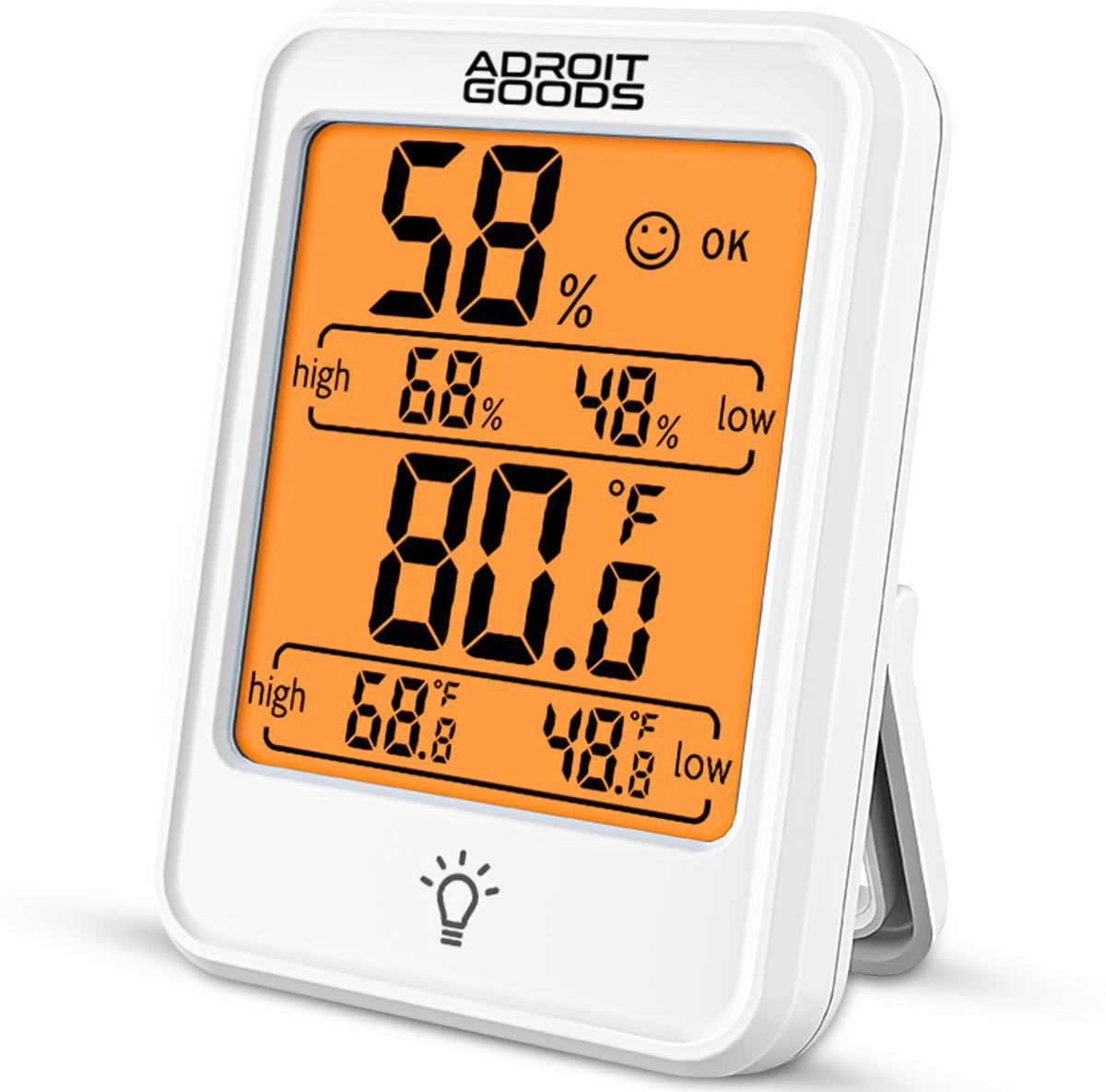 Digitaal weerstation met vochtigheids- en temperatuurweergave in een wit frame