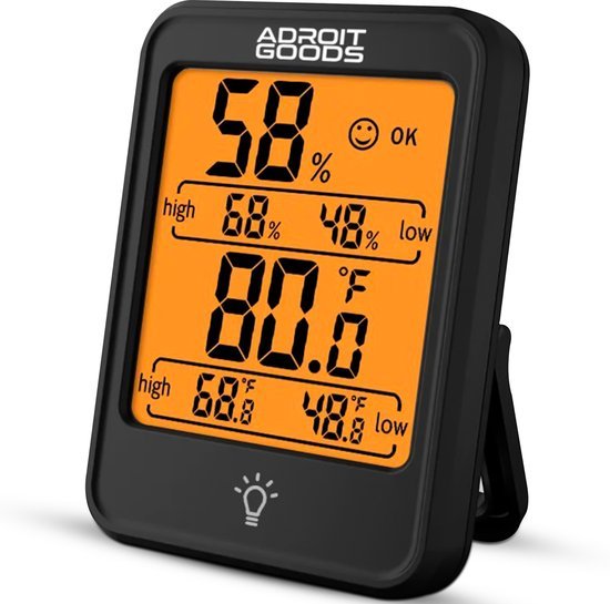 Zwart digitaal thermohygrometer met oranje achtergrond en vocht- en temperatuurweergave