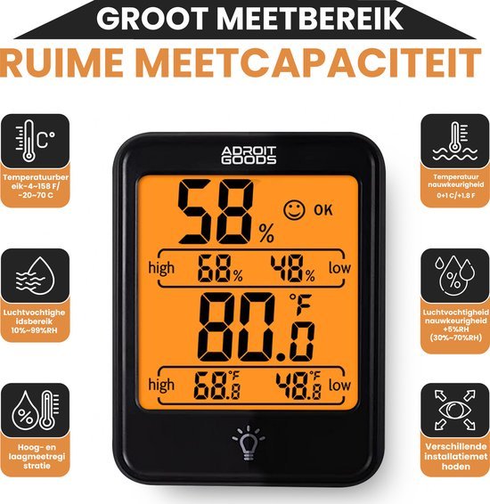 Digitale hygrometer en thermometer met groot scherm, meet luchtvochtigheid en temperatuur nauwkeurig.
