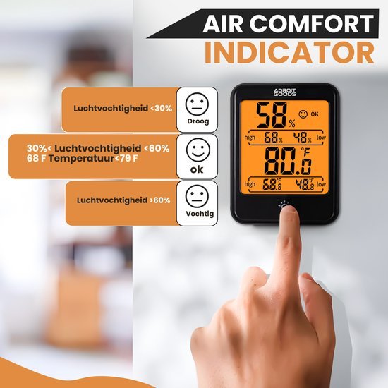 Hand die apparaat met luchtvochtigheids- en temperatuurweergave bedient in binnenruimte