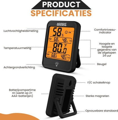 Digitale meter met vochtigheids- en temperatuurmeting, achtergrondverlichting en standaard.