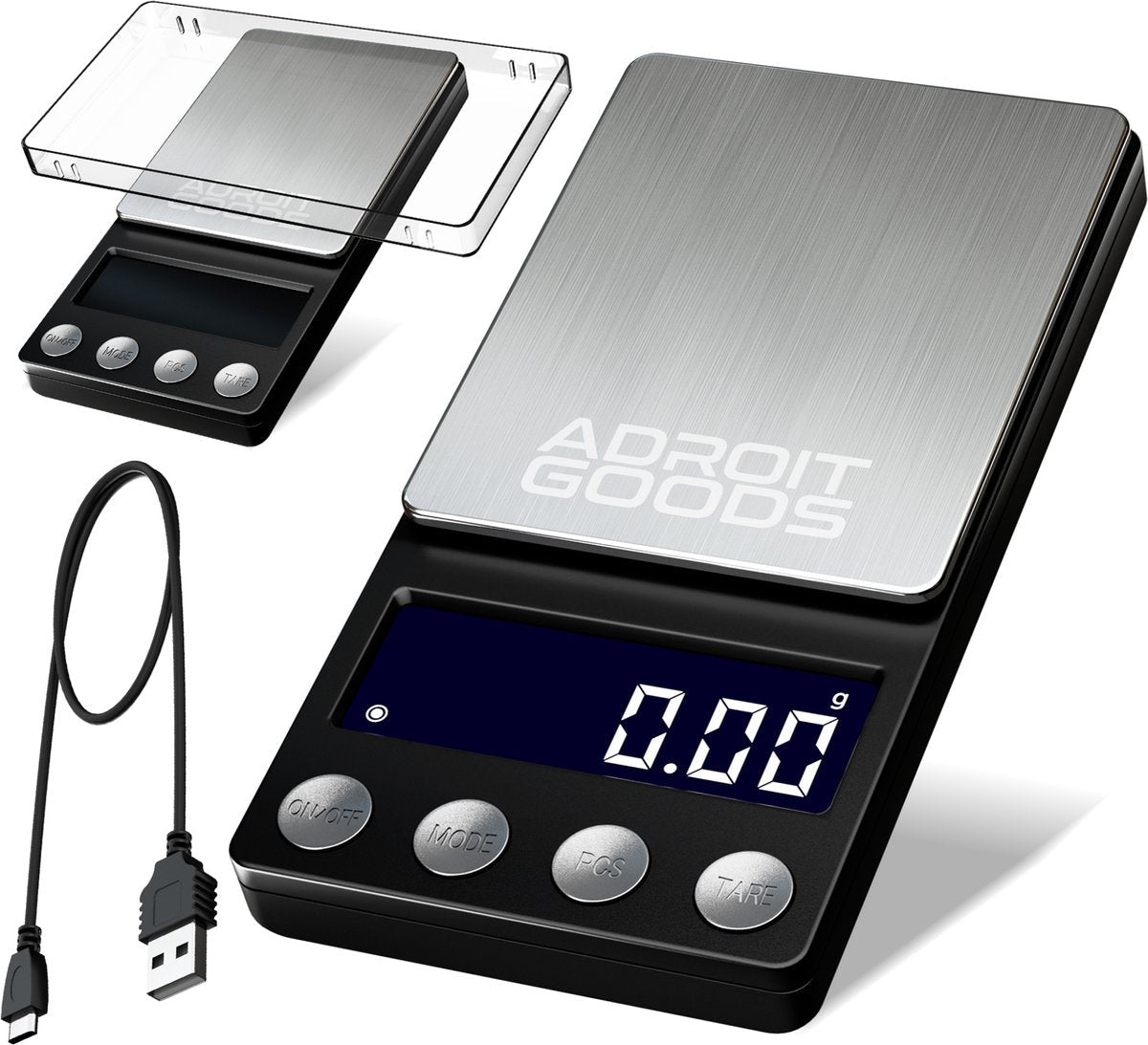 digitale weegschaal met roestvrijstalen plank en helder lcd scherm met usb oplaadkabel