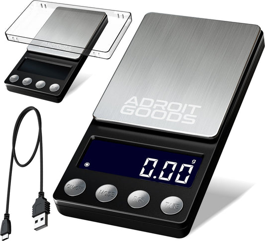 digitale weegschaal met roestvrijstalen plank en helder lcd scherm met usb oplaadkabel