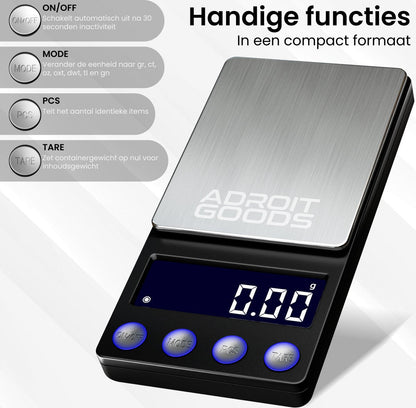 Digitale weegschaal met roestvrijstalen weegplateau en display met knoppen voor diverse functies