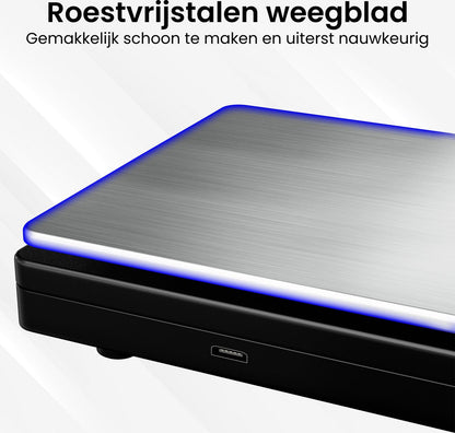 roestvrijstalen weegblad met blauw licht en zwarte basis voor nauwkeurige metingen