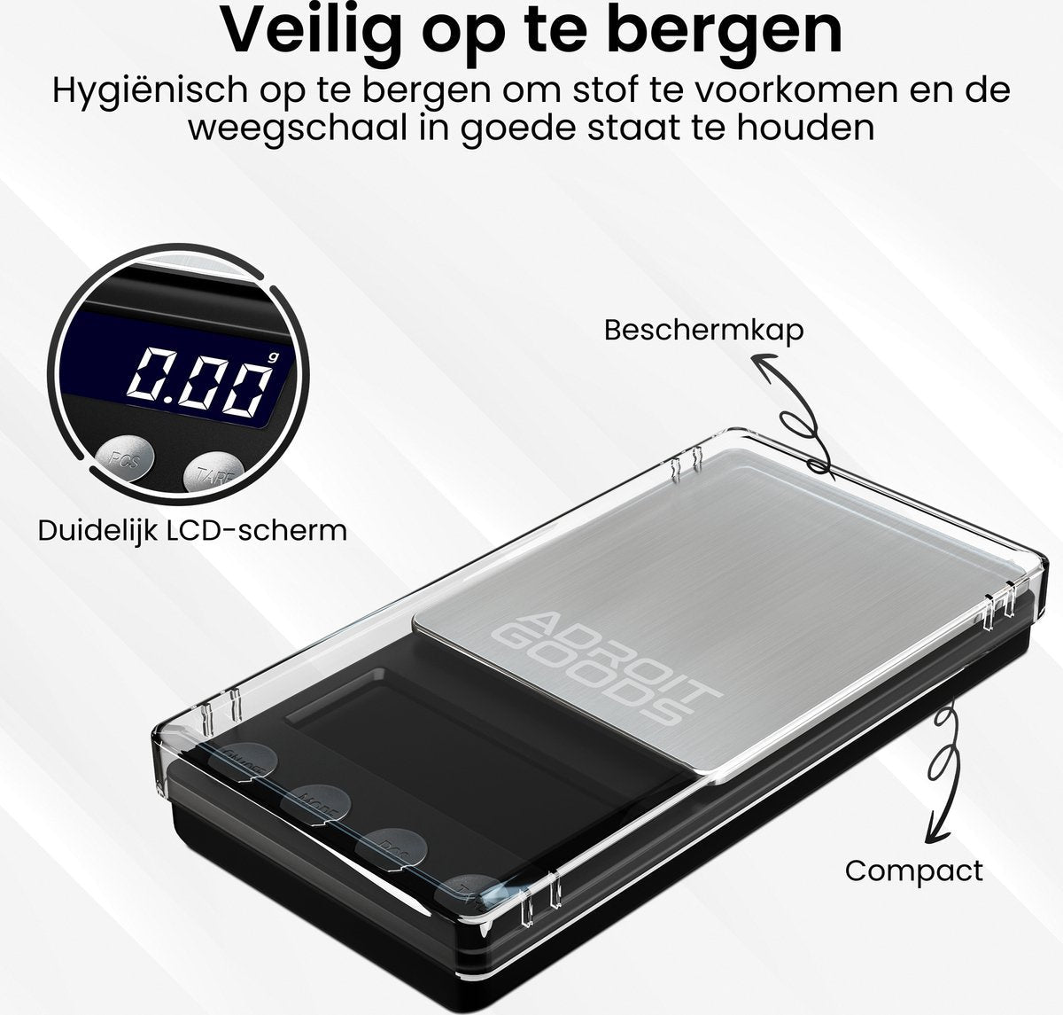 Compact digitale weegschaal met beschermkap en duidelijk LCD-scherm voor hygiënische bewaring