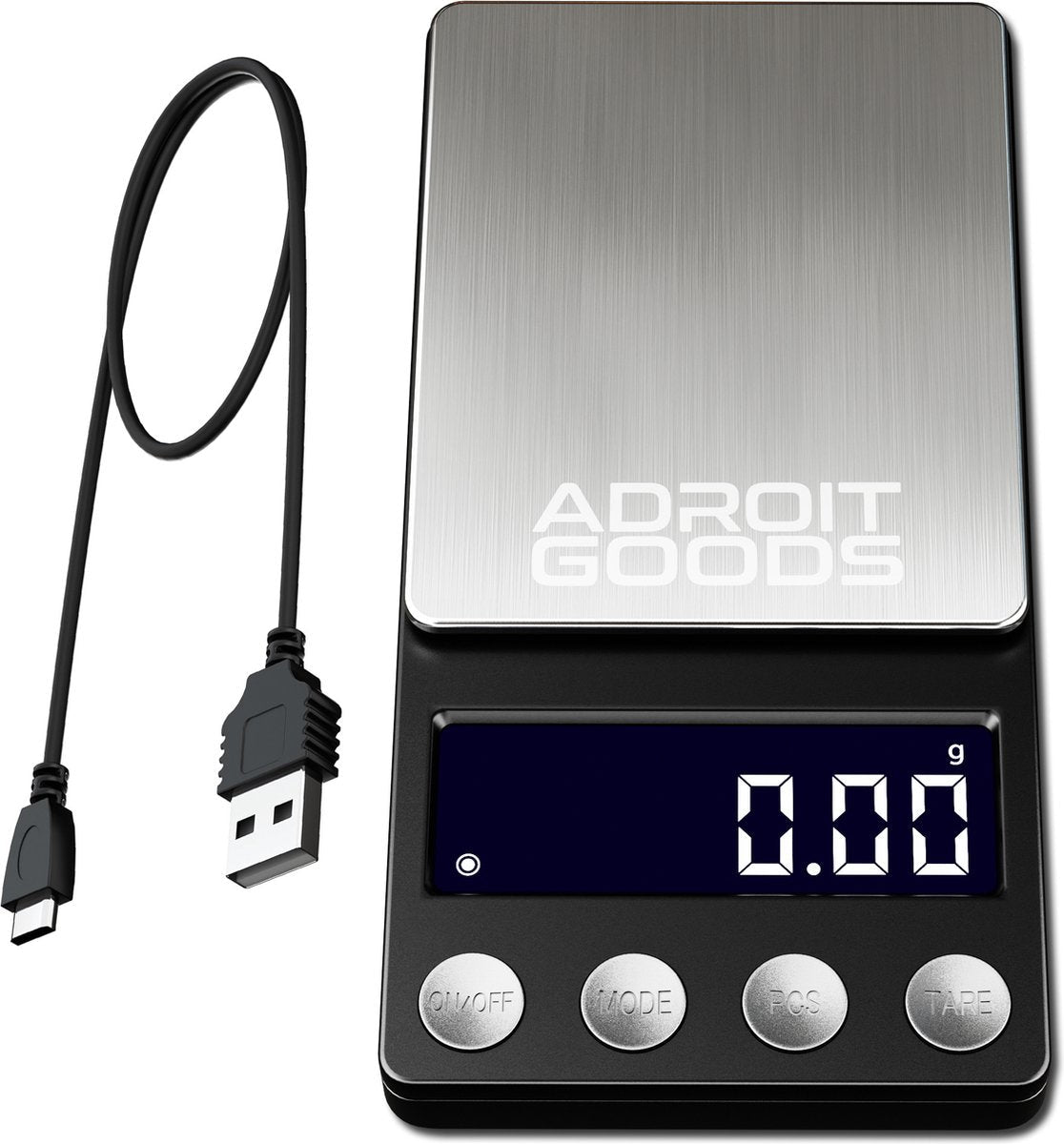 digitale keukenweegschaal met roestvrijstalen oppervlak en usb oplaadkabel zwart