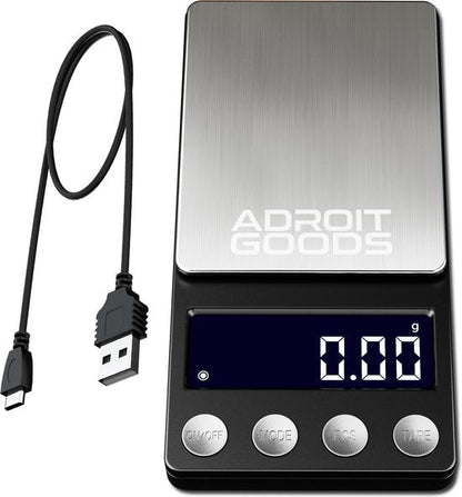 digitale keukenweegschaal met display en usb-oplaadkabel in professioneel ontwerp