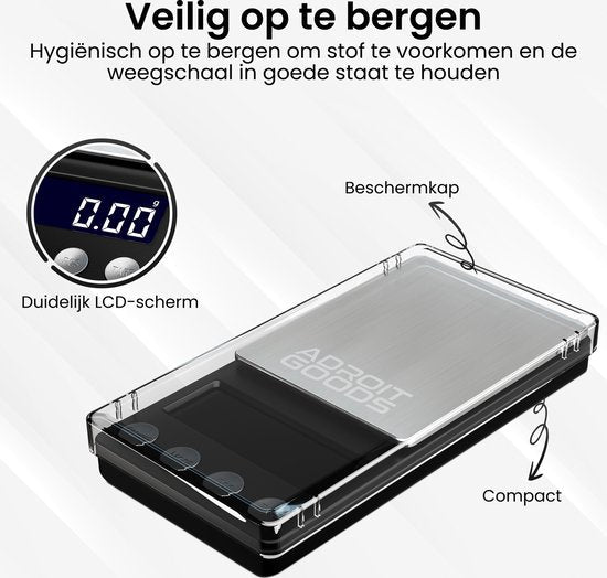 Digitale precisieweegschaal met beschermkap, compact en met duidelijk LCD-scherm in zwart.