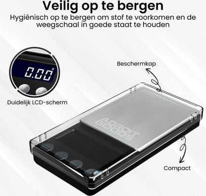 Digitale precisieweegschaal met beschermkap, compact en met duidelijk LCD-scherm in zwart.