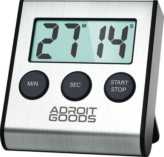 digitale timer met scherm en drie knoppen van AdroitGoods in roestvrijstalen behuizing