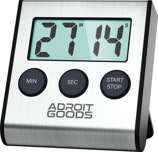 digitale timer met scherm en drie knoppen van AdroitGoods in roestvrijstalen behuizing