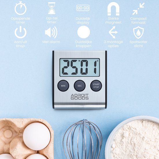 Digitale keukentimer met duidelijk display, startstopknop, magneet en compacte vormgeving naast eieren en bloem