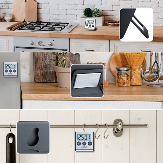 Digitale keukentimer met groot display, geplaatst op verschillende plekken in een keukenomgeving.