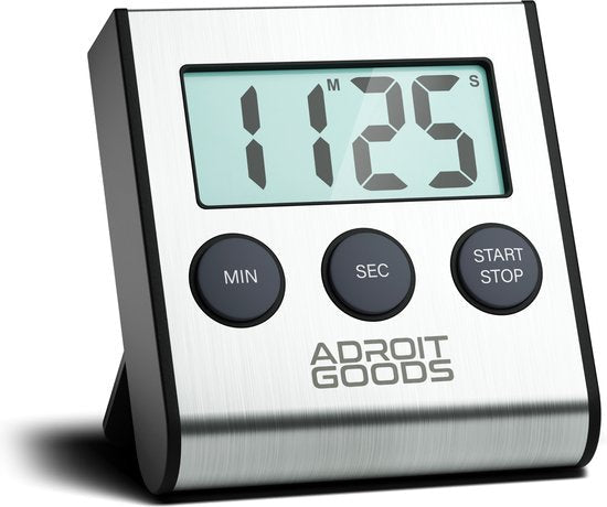 Digitale keukenwekker met groot display, drie knoppen en roestvrijstalen afwerking