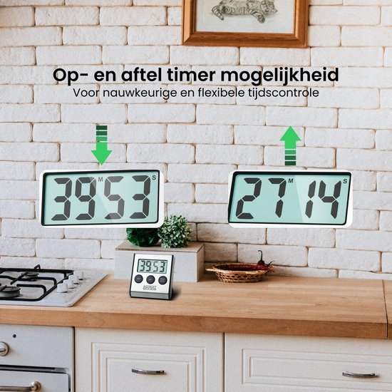 Digitale keukenwekker met op- en afteltimer voor nauwkeurige tijdscontrole in moderne keuken.