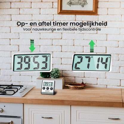 Digitale keukenwekker met op- en afteltimer voor nauwkeurige tijdscontrole in moderne keuken.