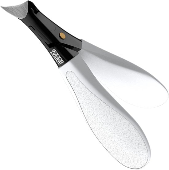 witte handvijl met zwarte houder en gebogen roestvrijstalen lemmet voor manicure