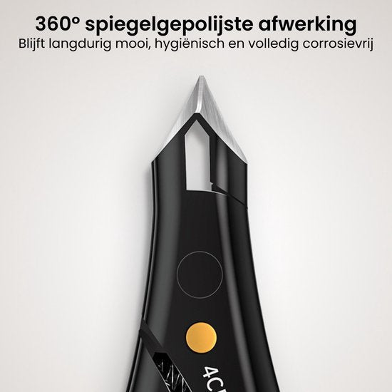 Detail van een strakke, glanzende zwarte pincet met scherpe punt en spiegelgepolijste afwerking