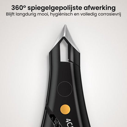 Detail van een strakke, glanzende zwarte pincet met scherpe punt en spiegelgepolijste afwerking