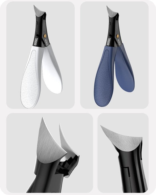 Nagelknipper set in wit en blauw met scherpe, gebogen messen voor precisiewerk