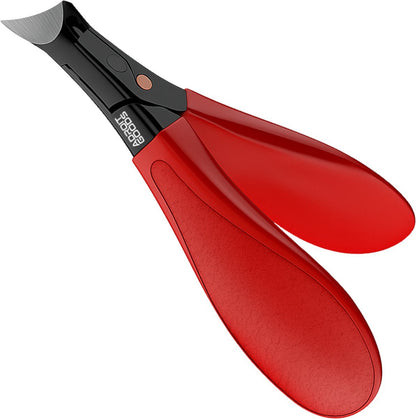 rood-zwart manicure knipgereedschap met gebogen lemmet en ergonomisch handvat