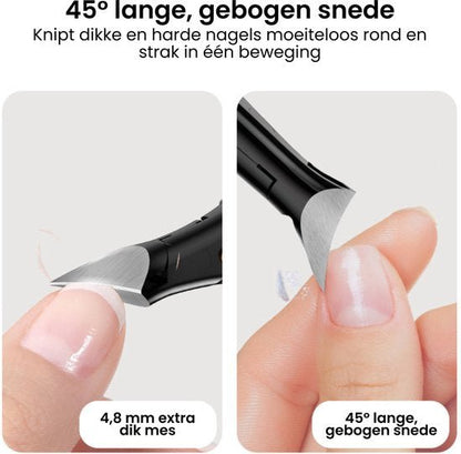 Nagelknipper met 45 graden lange gebogen snede voor moeiteloos knippen van dikke nagels