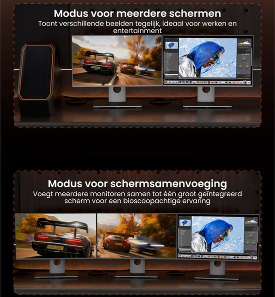 Twee computerschermen met verschillende afbeeldingen, gericht op multitasking en bioscoopweergave.