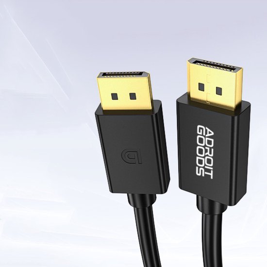 Zwarte kabel met goudkleurige DisplayPort connectoren, een met AdroitGoods logo en een zonder tekst.