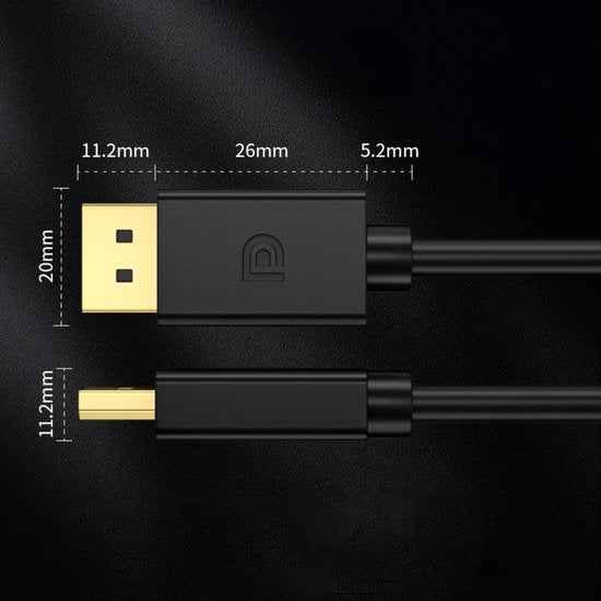 Zwarte kabel met gouden connectoren en afmetingen gemarkeerd voor elk deel van de stekker.