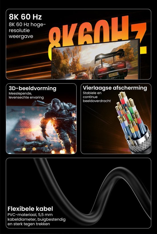 Zwarte flexibele kabel met vierlaagse afscherming voor stabiele 8K 60 Hz beeldweergave