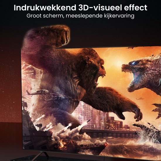 Groot scherm toont indrukwekkend 3D-effect met gorilla en draak in actievolle scène
