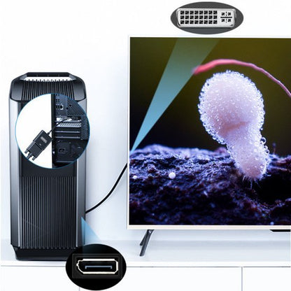 Zwarte mediaspeler aangesloten op een televisie met close-up van HDMI-poort en schermweergave