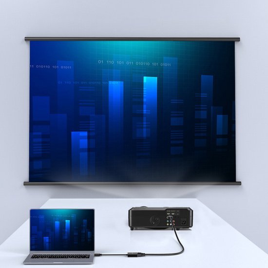 laptop verbonden met projector toont blauwe grafiek op scherm in modern kantoor