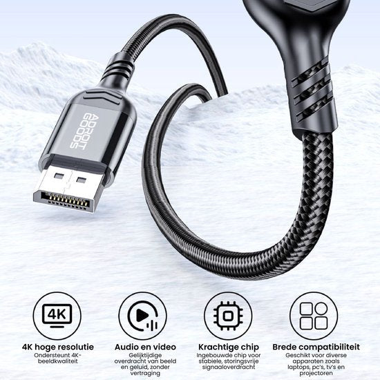 Zwart gevlochten kabel met DisplayPort-connector geschikt voor 4K video- en audio-overdracht
