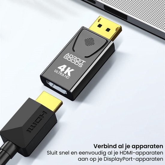 AdroitGoods 4K Ultra HD adapter met gouden HDMI-connector verbonden met laptoppoort
