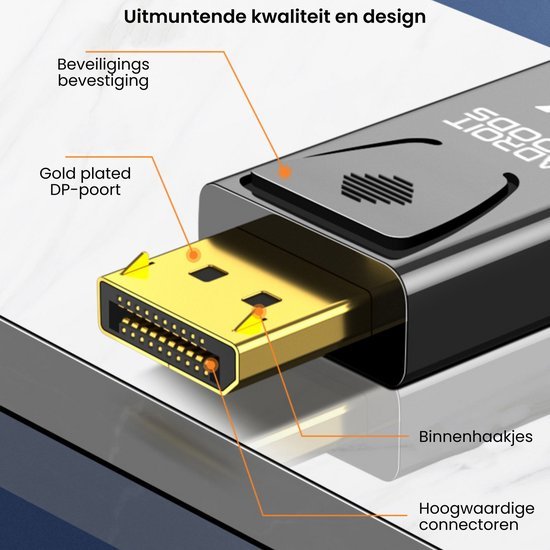 Close-up van een vergulde DP-poort met beveiligingsbevestiging en hoogwaardige connectoren