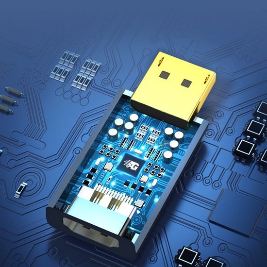 Close-up van een elektronische USB-connector met zichtbare blauwe printplaat en componenten