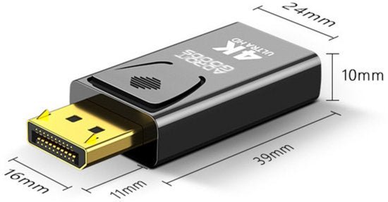 Zwarte en gouden adapter met afmetingen van 39x24x10 millimeter en een displaypoort verbinding.